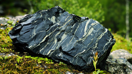 Obraz premium A close-up of a large, dark, metamorphic rock with white veins, sitting on a bed of green moss, with a blurred background of green foliage.