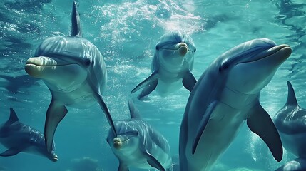 Obraz premium Beautiful Dolphins Swimming Together in Crystal Clear Ocean Waters Photo