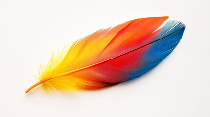single colorful yellow red blue bird feather isolated on white background