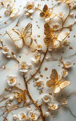 3D white and gold butterflies