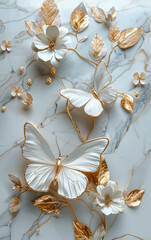 3D white and gold butterflies