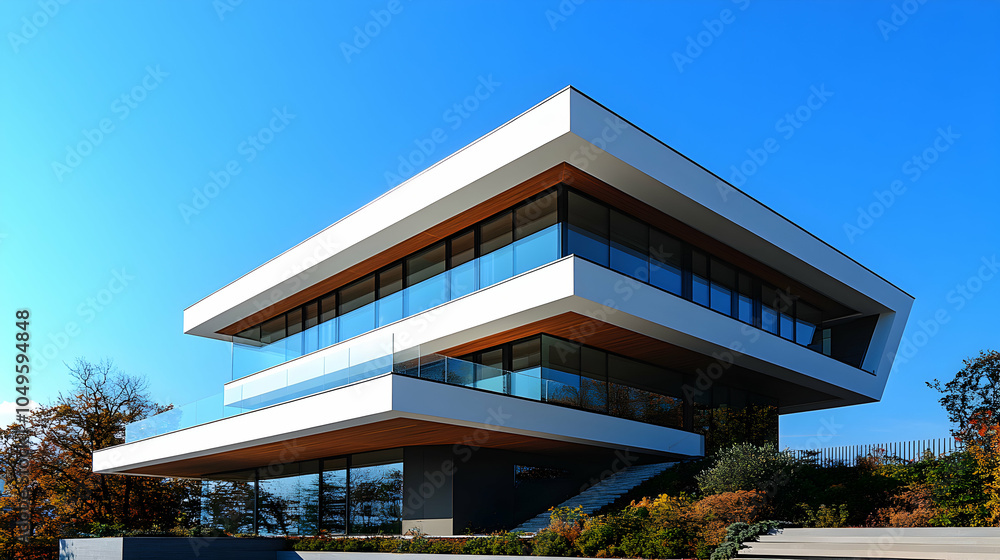 Poster contemporary modern architecture featuring clean lines and sharp angles in a urban setting