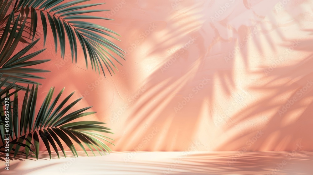 Poster summer palm shadows on soft peach wall - minimal abstract background for product display