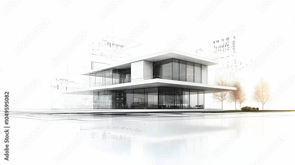 Poster modern house design featuring binary and data structures, geometric shapes, and futuristic aesthetic