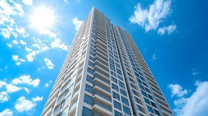 Obraz premium Modern High-Rise Building Featuring Geometric Forms and Clean Lines Against a Clear Sky