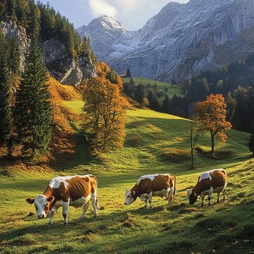 Grazing Simmental cattle and colorful autumn landscape