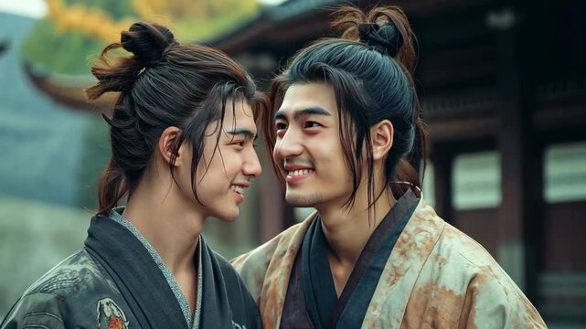 two Chinese men wearing ancient Wuxia costume smiling at each other  at outside of house, couple lover