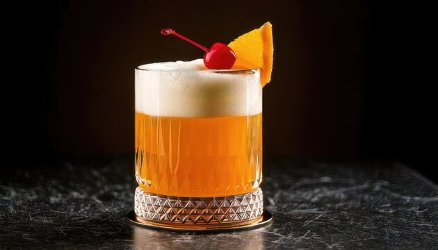 amaretto sour cocktail on black background