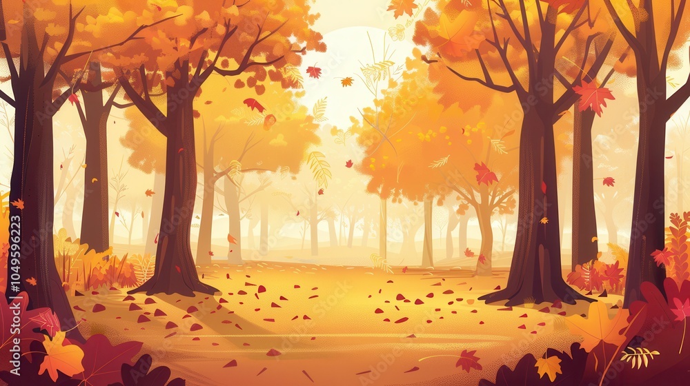 Poster Amidst towering trees, golden leaves cascade gently in the autumn breeze, creating a tranquil and warm atmosphere in the forest. Generative AI