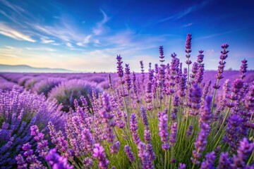 Obraz premium A beautiful lavender field with tall purple flowers swaying gently in the breeze against a clear blue sky, nature scene, purple flowers, blooming flowers, herbes, countryside