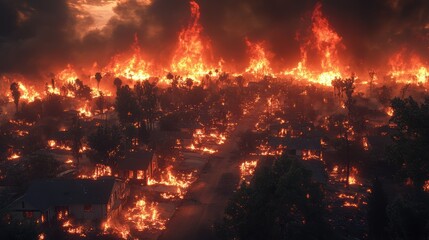 Naklejka premium Devastation from Wildfire, a neighborhood consumed by flames, homes turned to ash, a stark reminder of nature's fury and loss
