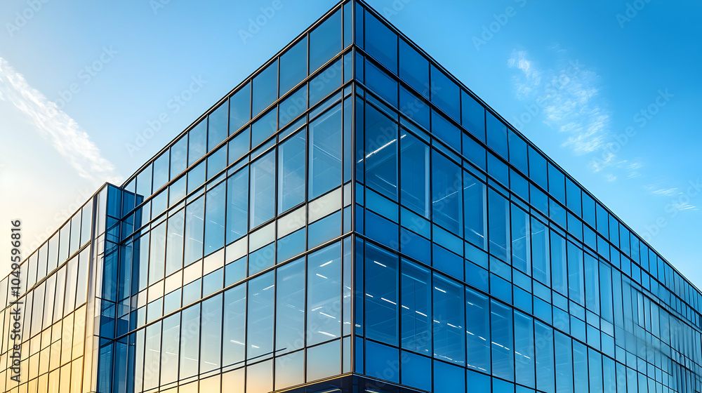 Poster modern urban architecture featuring sleek glass paneling and angular design elements in a vibrant ci