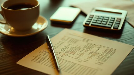 Financial Statement Close-Up on a Desk with Coffee