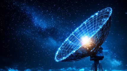 Obraz premium An AI satellite dish points to a stunning starry sky, showcasing the blend of technology and space exploration