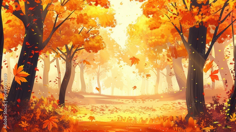 Aufkleber a tranquil forest filled with golden trees adorned with bright fall leaves as sunlight filters throu