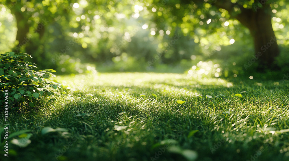 Poster lush green grass illuminated by sunlight filters through the trees in a serene forest setting
