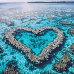 Obraz premium Heart Reef in the Whitsundays Queensland Australia. Famous reef that is shaped like a heart. The Great Barrier Reef aeria is heavily impacted by climate change.