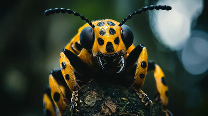 A close-up of a yellow and black beetle with large black eyes. It is sitting on a tree trunk with a blurred green background.