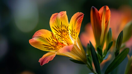 Obraz premium A close-up of an orange and yellow flower with green leaves and a blurred background.