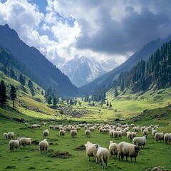 Fototapeta premium Herd (flock) of sheep in the valley, against cloudy sky at Danger Pora, Khansahib Tehsil, Jammu and Kashmir, India. Summer holidays, Kashmir heaven on earth.