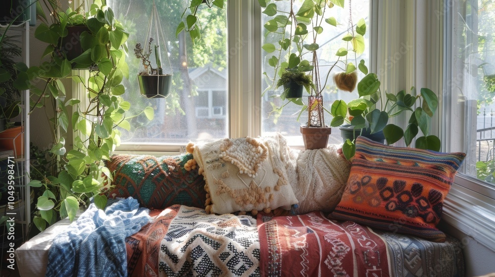 Poster in a sundrenched corner a collection of cascading vines and overflowing terrariums creates a lush ba