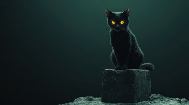 Black Cat with Glowing Eyes on a Stone