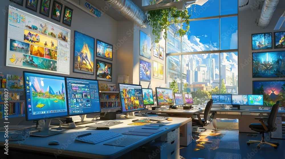 Poster organized animation studio with computers and art