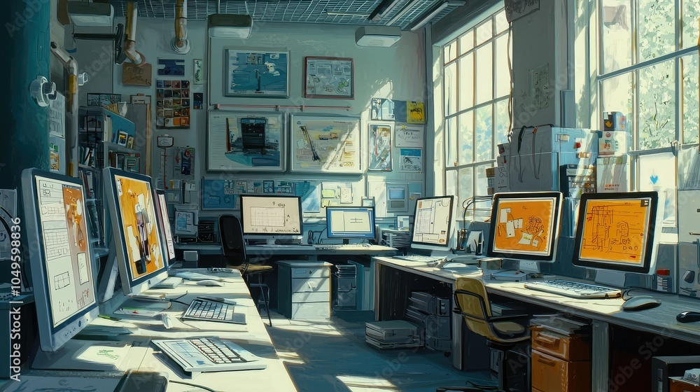 Poster organized animation studio with computers and artworks