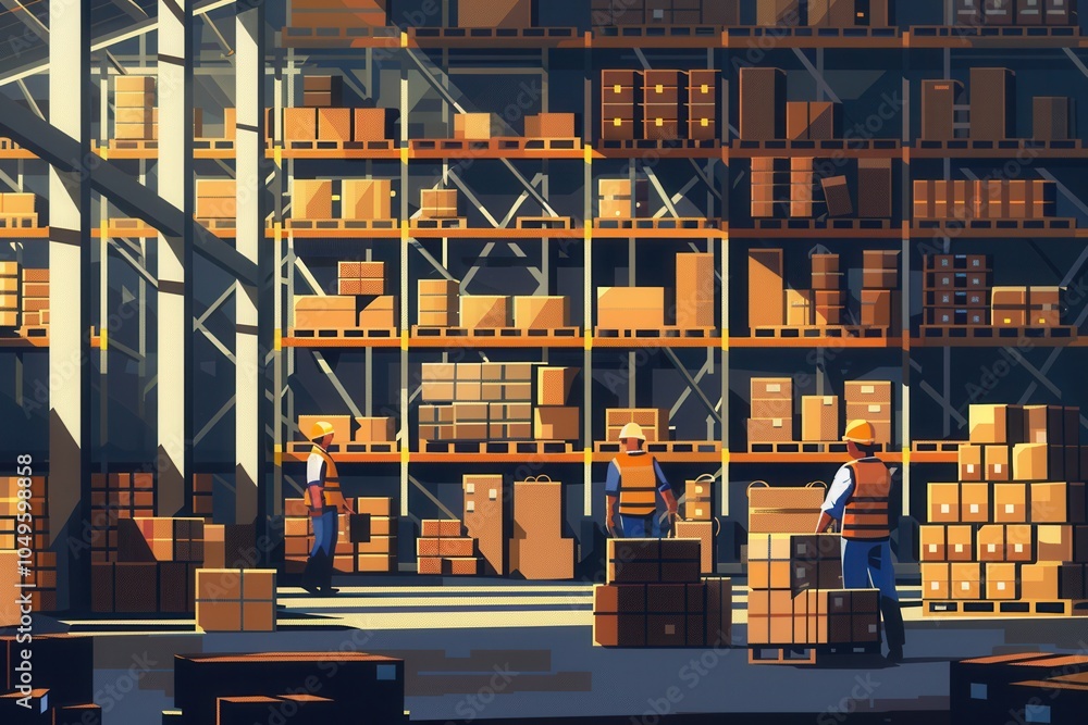 Poster Workers are efficiently moving boxes and pallets in a warehouse stocked with shelves of various goods under bright lighting. Generative AI