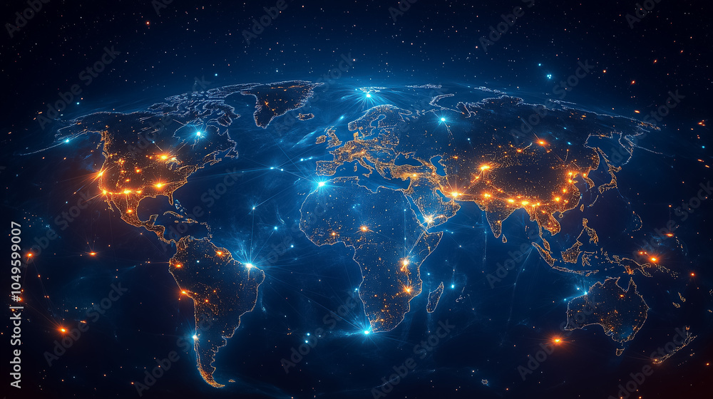 Poster ai network nodes illuminate continents, showcasing global connections through dazzling lights across
