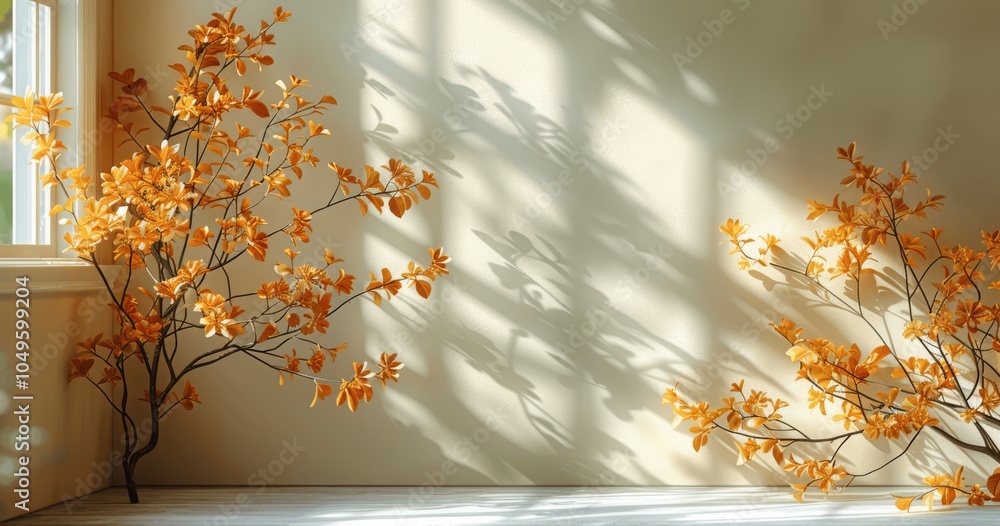 Poster minimalistic light beige background with window shadows for product presentation