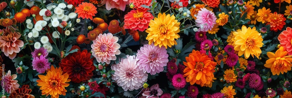 Poster this garden features an array of blooming chrysanthemums, dahlias, and various autumn flowers creati