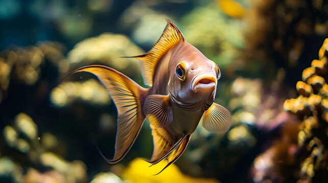 A close-up shot of a brown and orange fish with large fins swimming in a freshwater aquarium.
