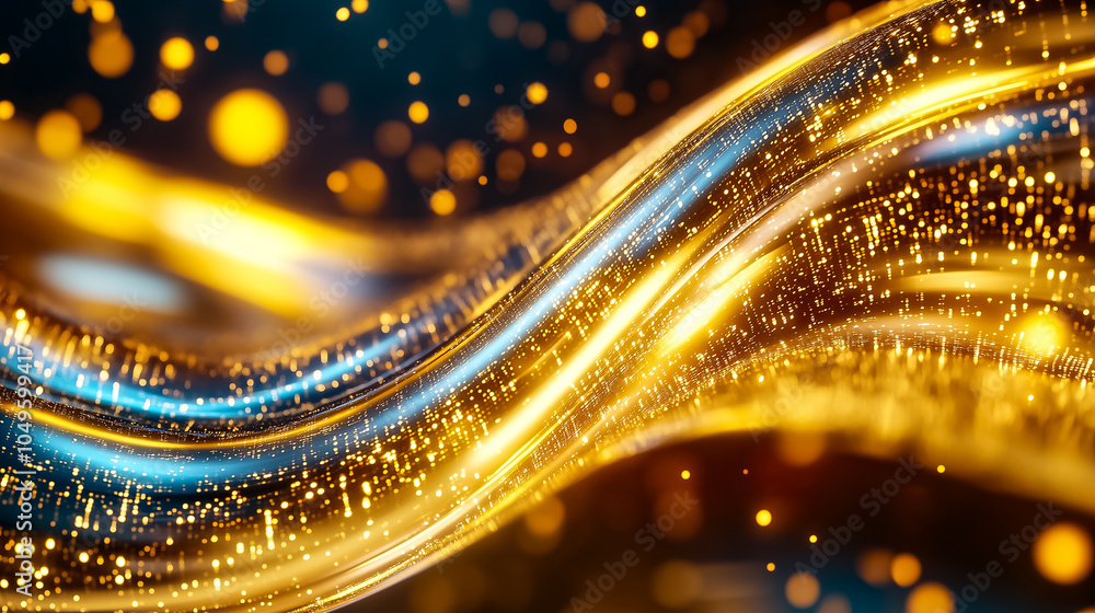 Poster golden streams of data undulate through a dark backdrop, creating a mesmerizing effect with luminous