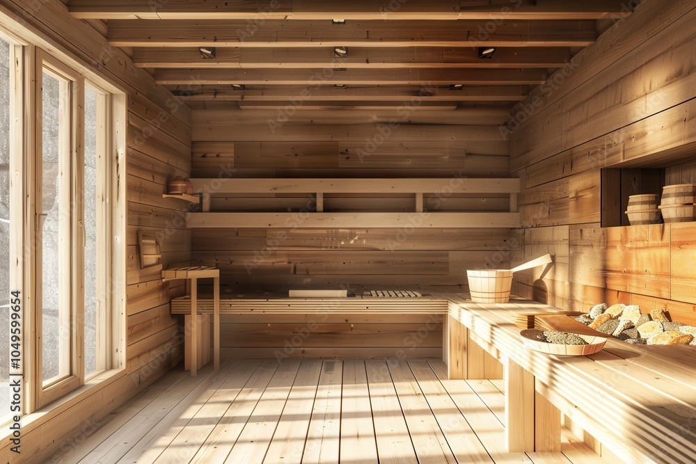 Poster Warm sunlight filters through the windows, illuminating the rustic wooden interior of a tranquil sauna designed for relaxation. Generative AI