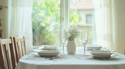 Minimalist Dining Room with Bright Table Setting