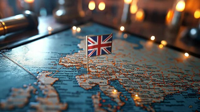 The Union Flag on world map on table 