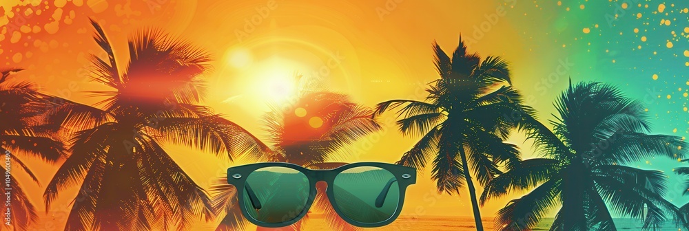 Poster a vibrant beach scene features sunglasses against a backdrop of palm trees and a colorful sunset, in