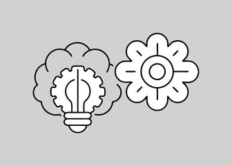 A simple and clean icon featuring a brain, a lightbulb, and a gear, representing the concept of thinking, problem-solving, and innovation.