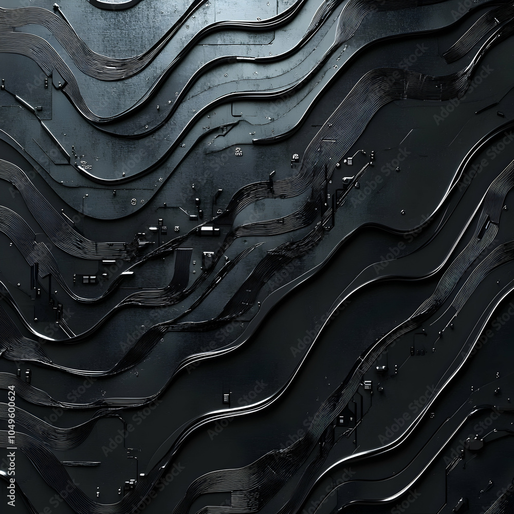 Poster futuristic technology-themed background featuring flowing silhouette patterns and abstract elements 