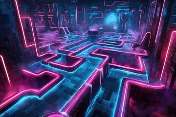 Obraz premium Vibrant Laser Tag Arena with Neon Pathways