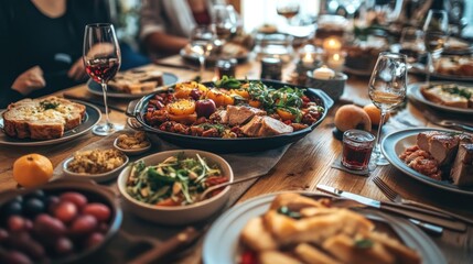 Fototapeta premium Gourmet dishes displayed on a luxurious dining table, perfect for promoting premium culinary experiences and fine dining