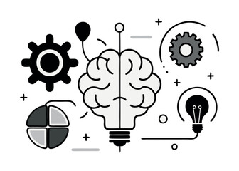 A visual representation of the creative process, featuring a brain, gears, a lightbulb, and a pie chart, perfect for educational materials, presentations, or business reports.