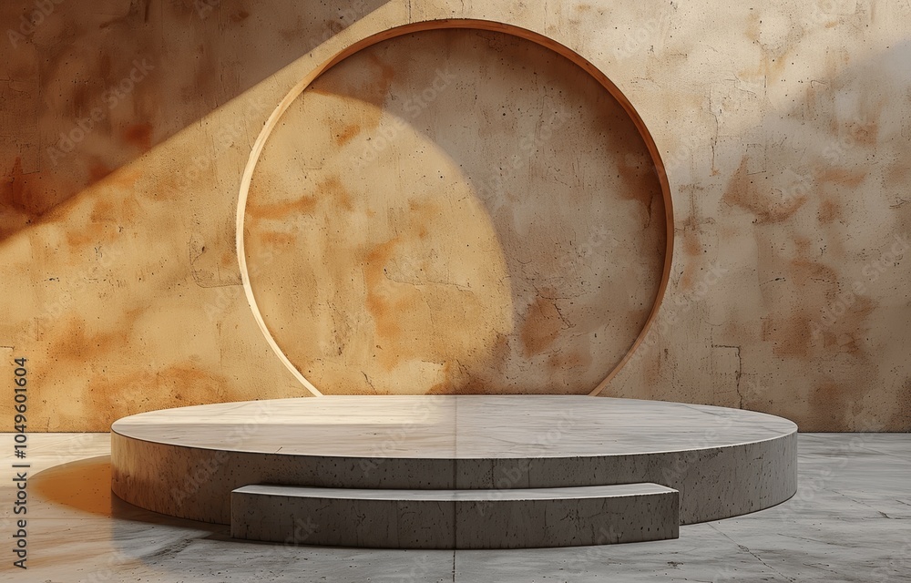 Poster minimalist beige podium for product display - 3d render of simple showcase on brown background