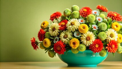 Obraz premium A vibrant bouquet of colorful flowers arranged in a teal bowl, against a green background.