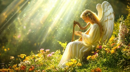 Whimsical Archangel Playing Harp in Enchanted Garden