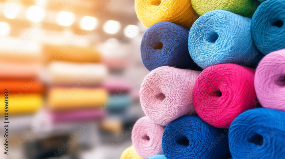 Poster vivid threads in various colors showcase the artistry and craft of textile creation in a bustling wo
