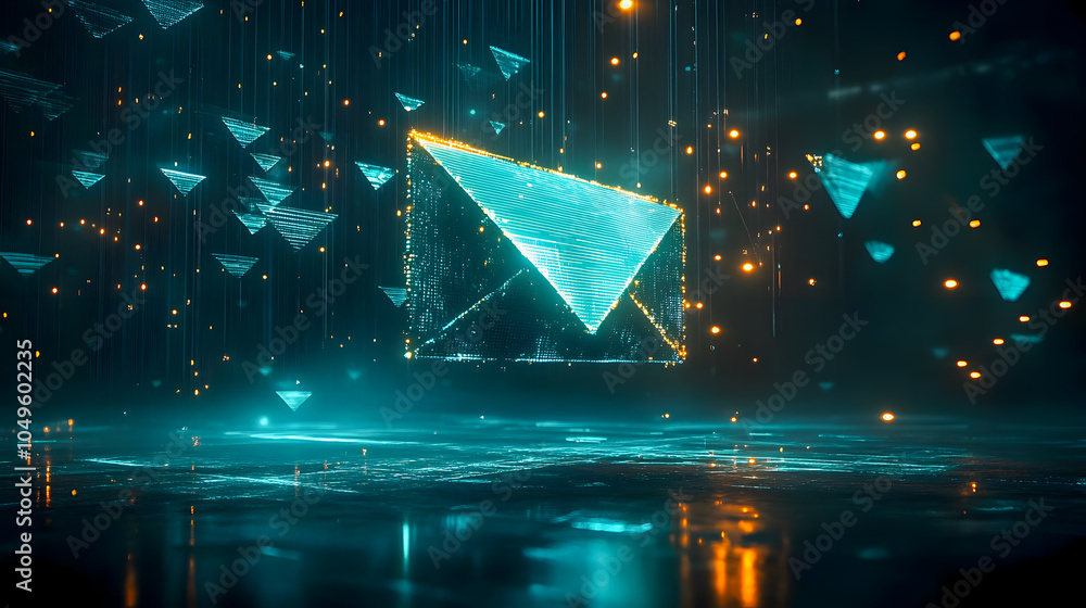 Poster digital email concept with floating triangles and lights
