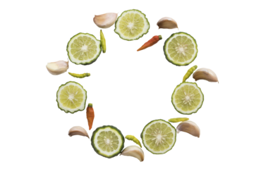 kaffir lime, garlic and pepper herbal vegetable local of asia arrangement circle flat lay style 