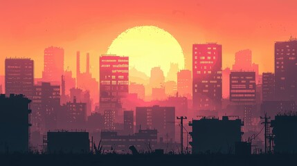 Fototapeta premium Vibrant Sunset View Over City Silhouettes